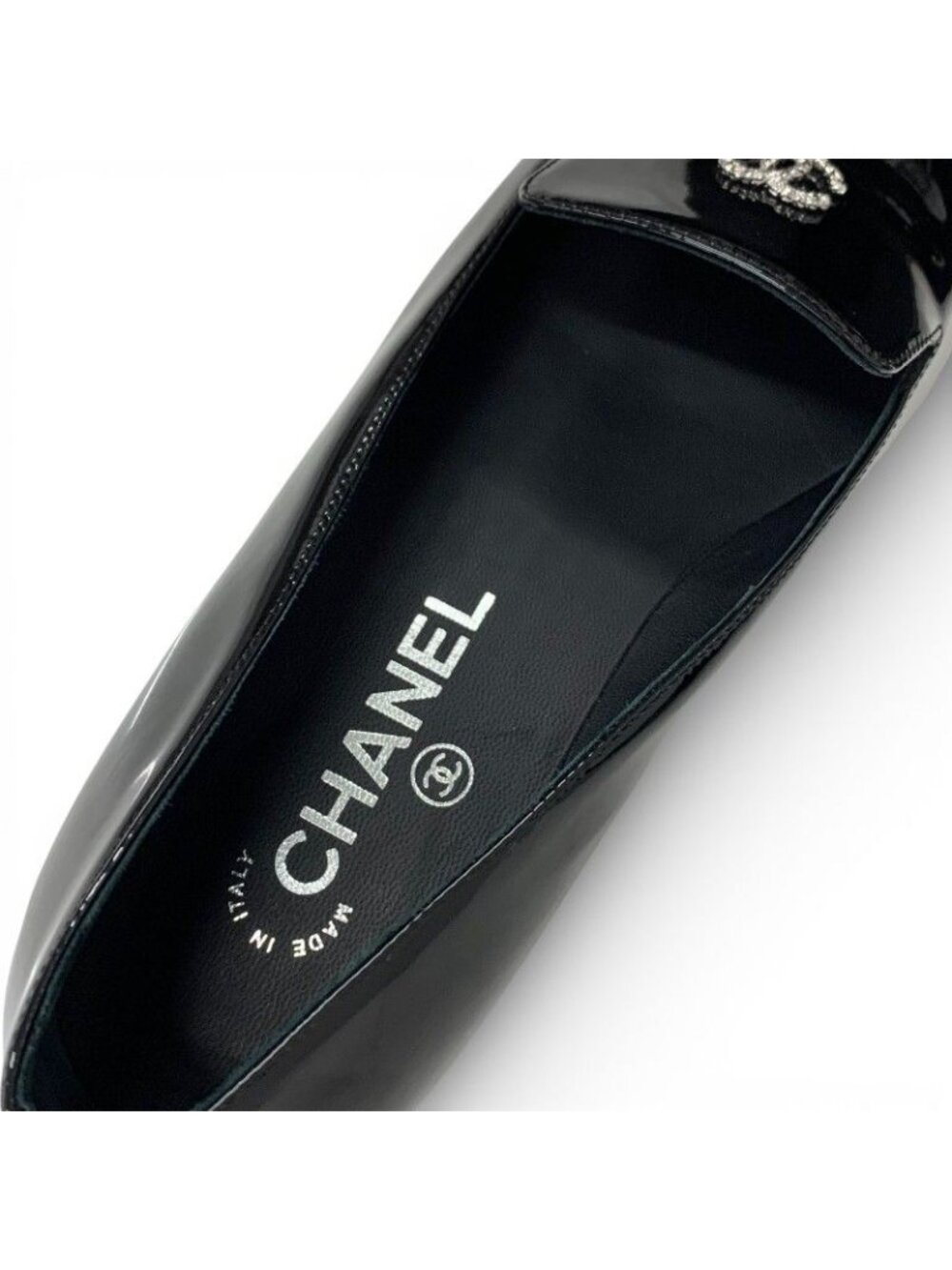 Chanel Loafers Leather Shoes Patent Black Silver CC Logo Pearl Opera Flat - Picture 7 of 10